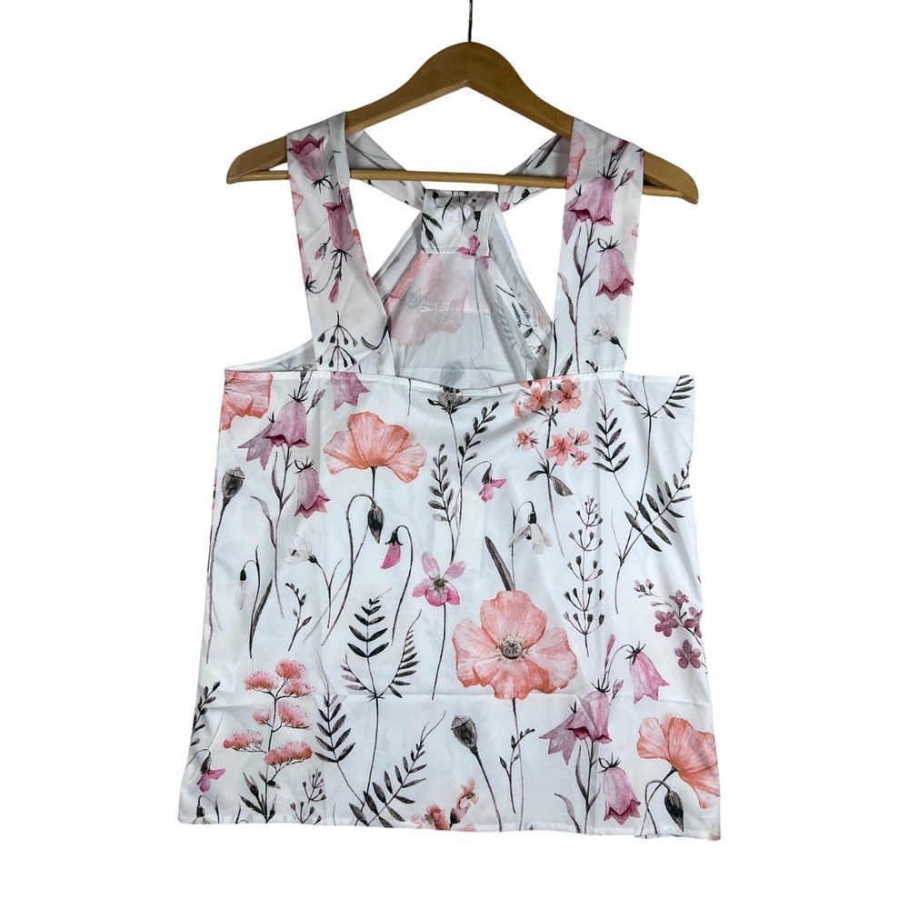 BOHO‎ Floral M Sleeveless Top Women's White Pink Casual Summer Tank Blouse Flowy